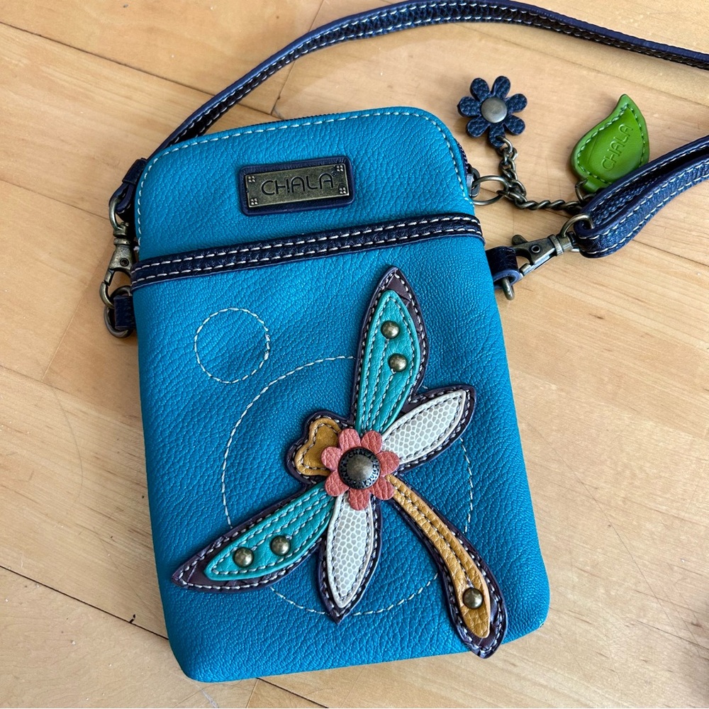 Chala Dragonfly Convertible Pouch, Purse, Crossbody Bag with Charms, Teal, Brown - Picture 14 of 17